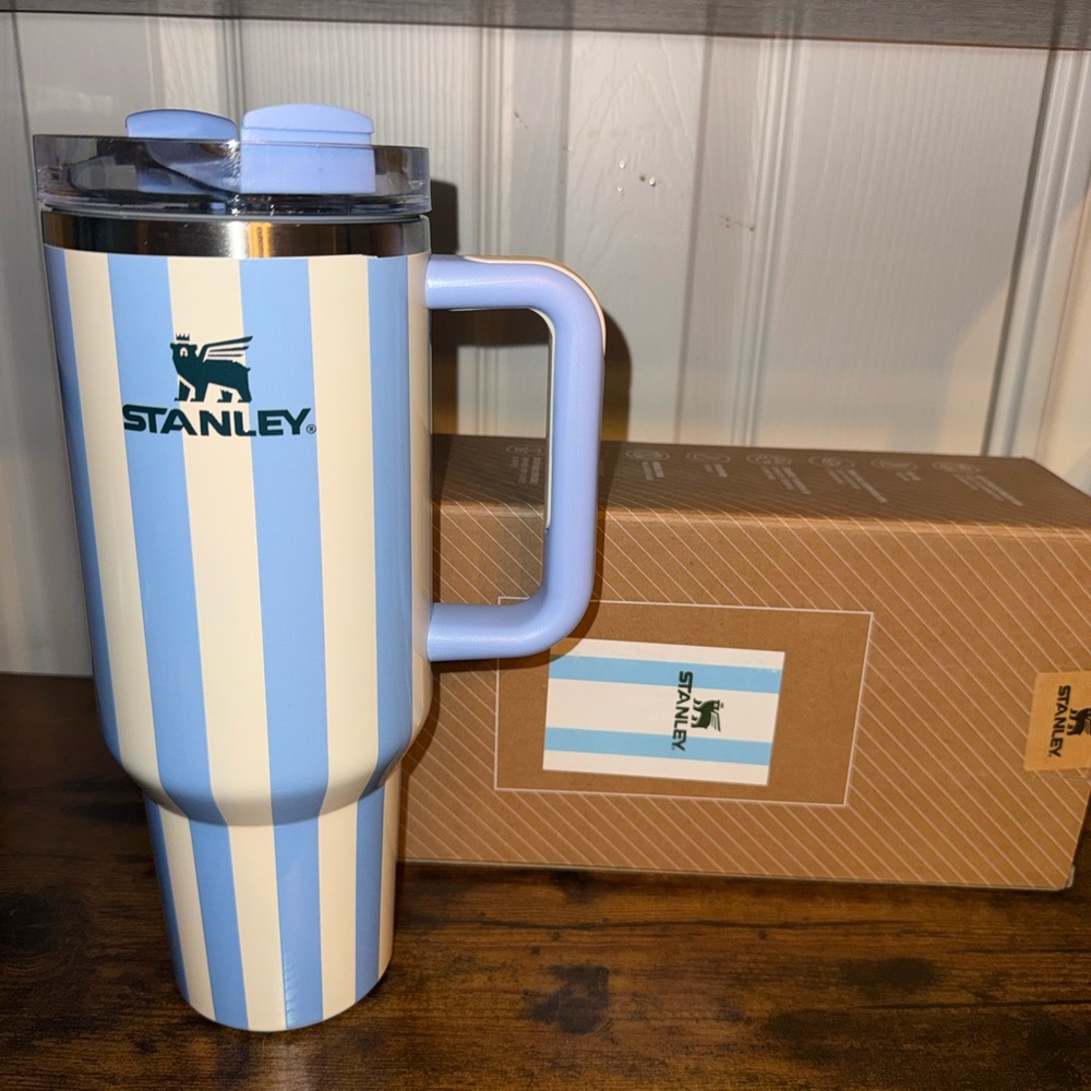 Stanley 40oz Cabana Gloss Striped Blue and White Travel Mug
